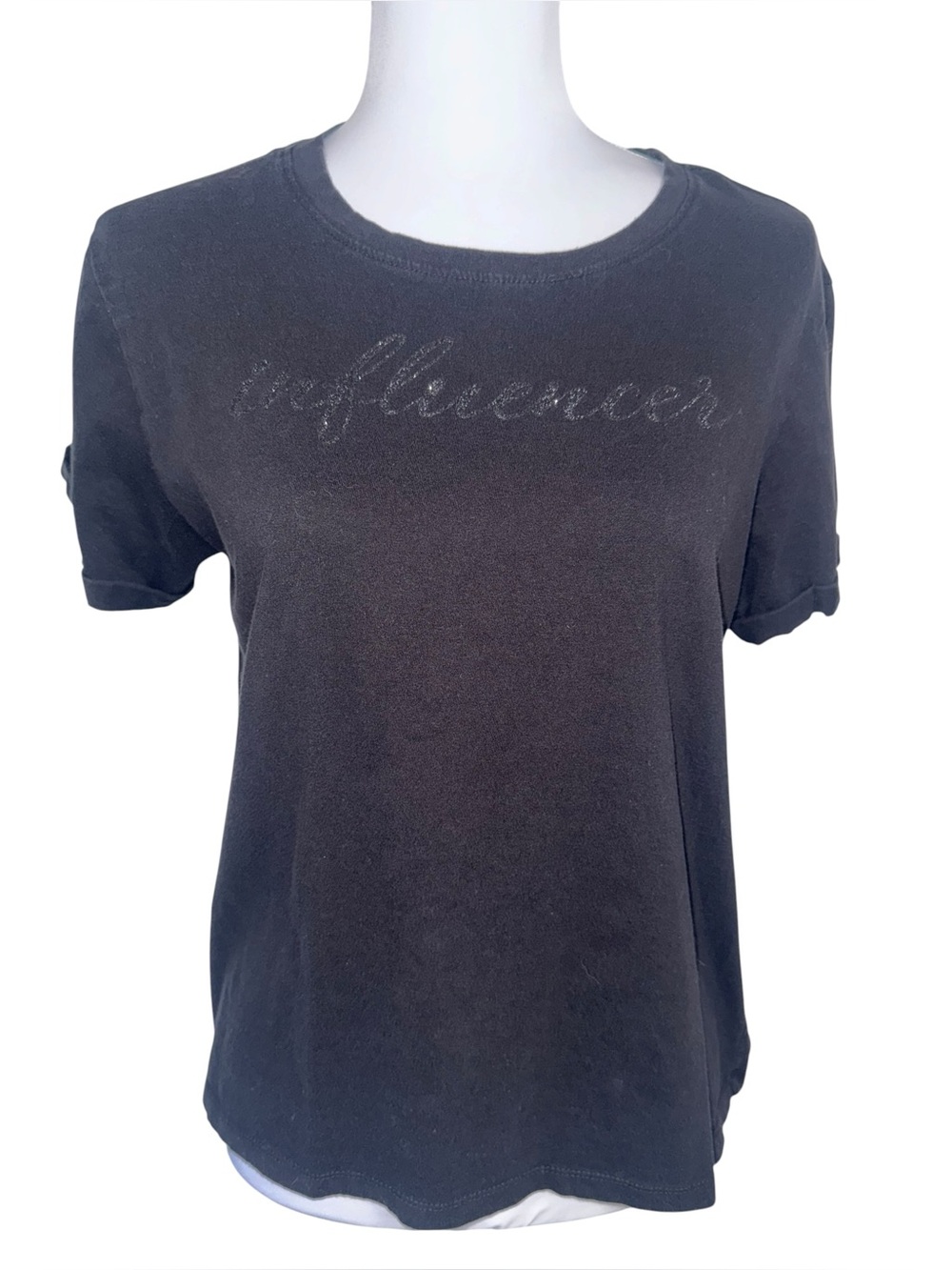Sweet Soul Influencer Black Glitter Graphic Tee Large Rolled Sleeve Top‎